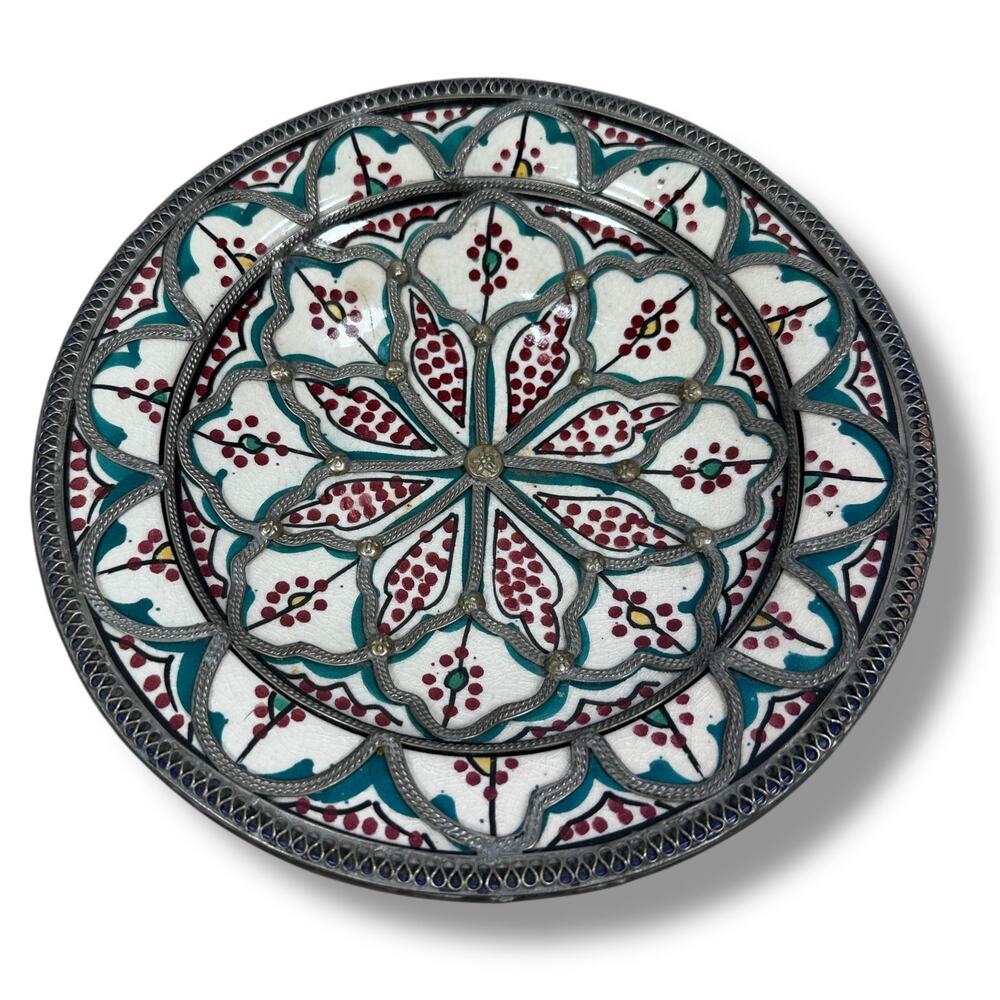 Vintage Moroccan Hand-Painted Shallow Bowl Nickel‎ Detailing Handmade Wall Decor